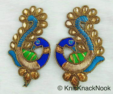 Cutwork Peacock Applique, Embroidered Peacock Applique with Bead Embellishments Blue, Green And Antique Gold
